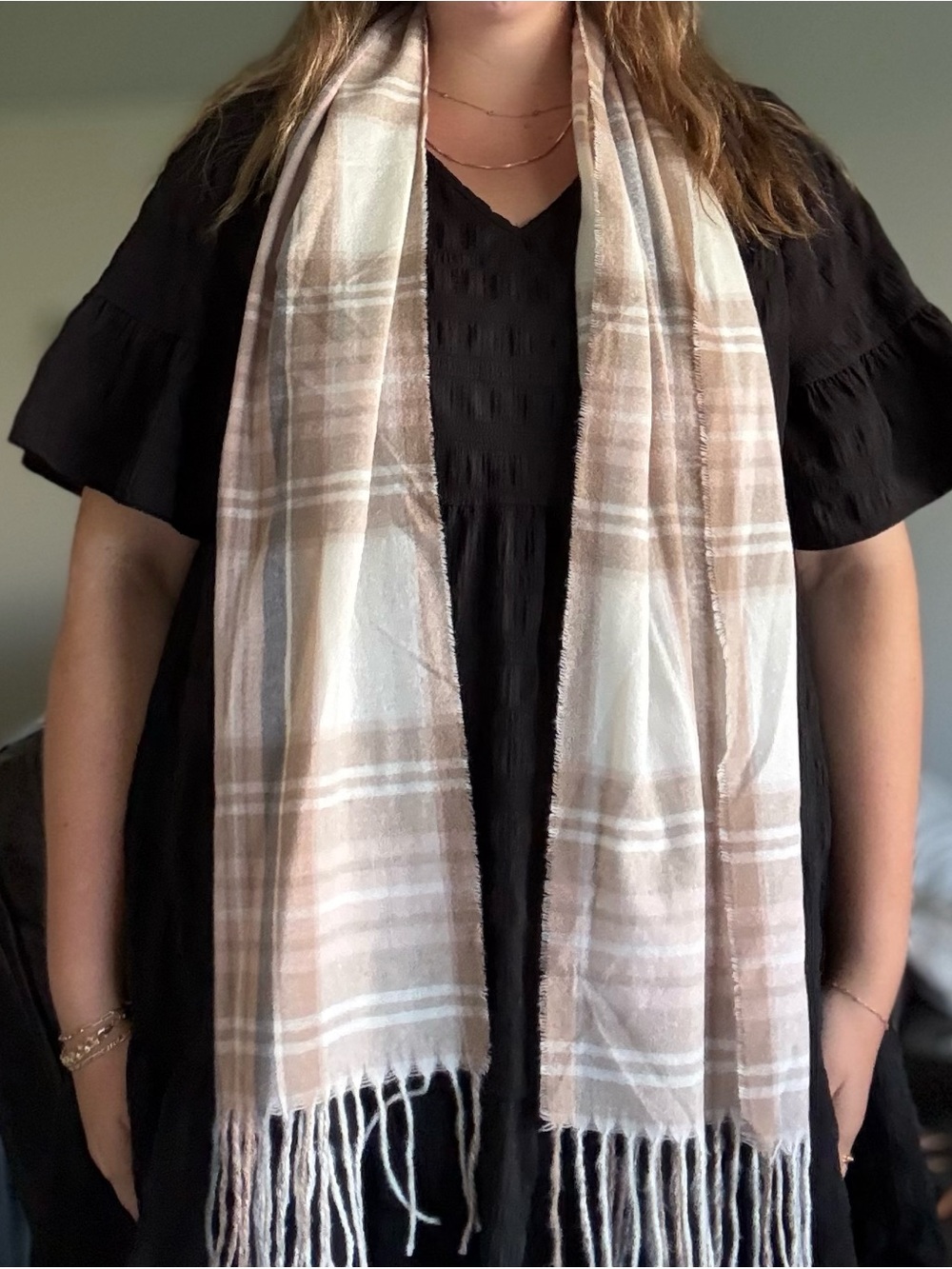 Style and Co. Light Brown Thin Plaid Fringe Scarf NWT